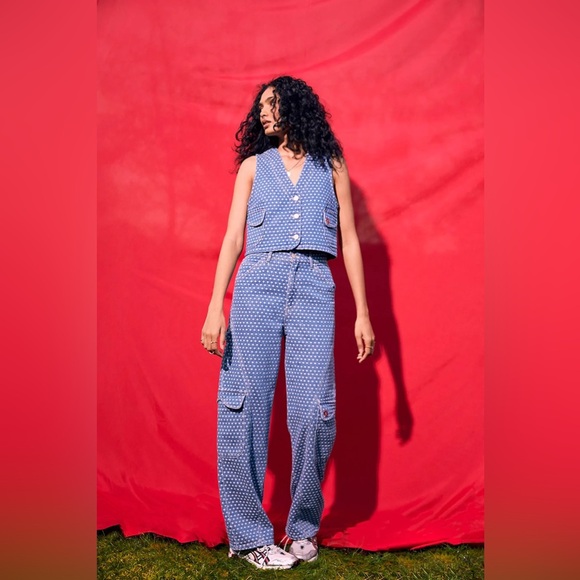 Damson Madder Maya Flower Jacquard Cargo Jeans in indigo blue co-ord UK 6 US 24 - Picture 2 of 14